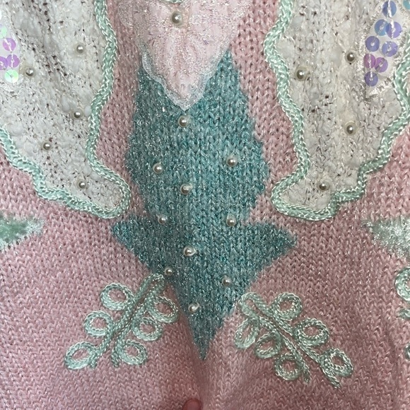 Vintage 1980s Pastel pink beachy mermaid grandma sweater mixed media artsy L - Picture 7 of 12